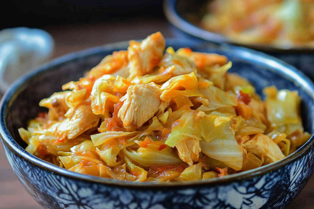 Fried chicken and cabbage served with carrots and parsley on a rustic table