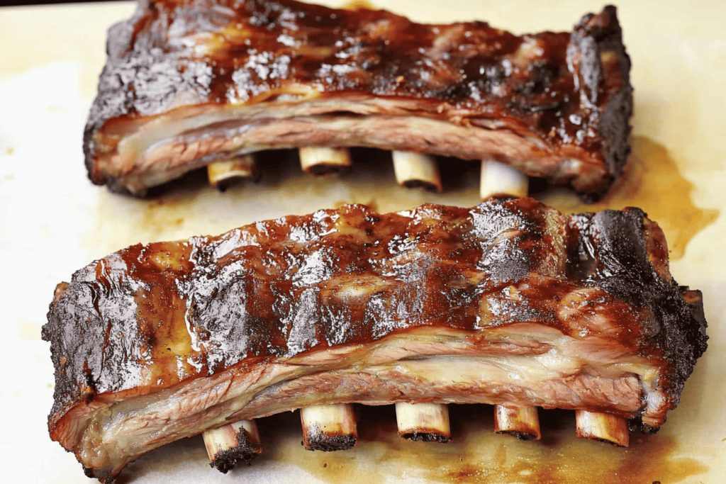 BBQ-glazed beef back ribs resting on a tray, caramelized and ready to serve.