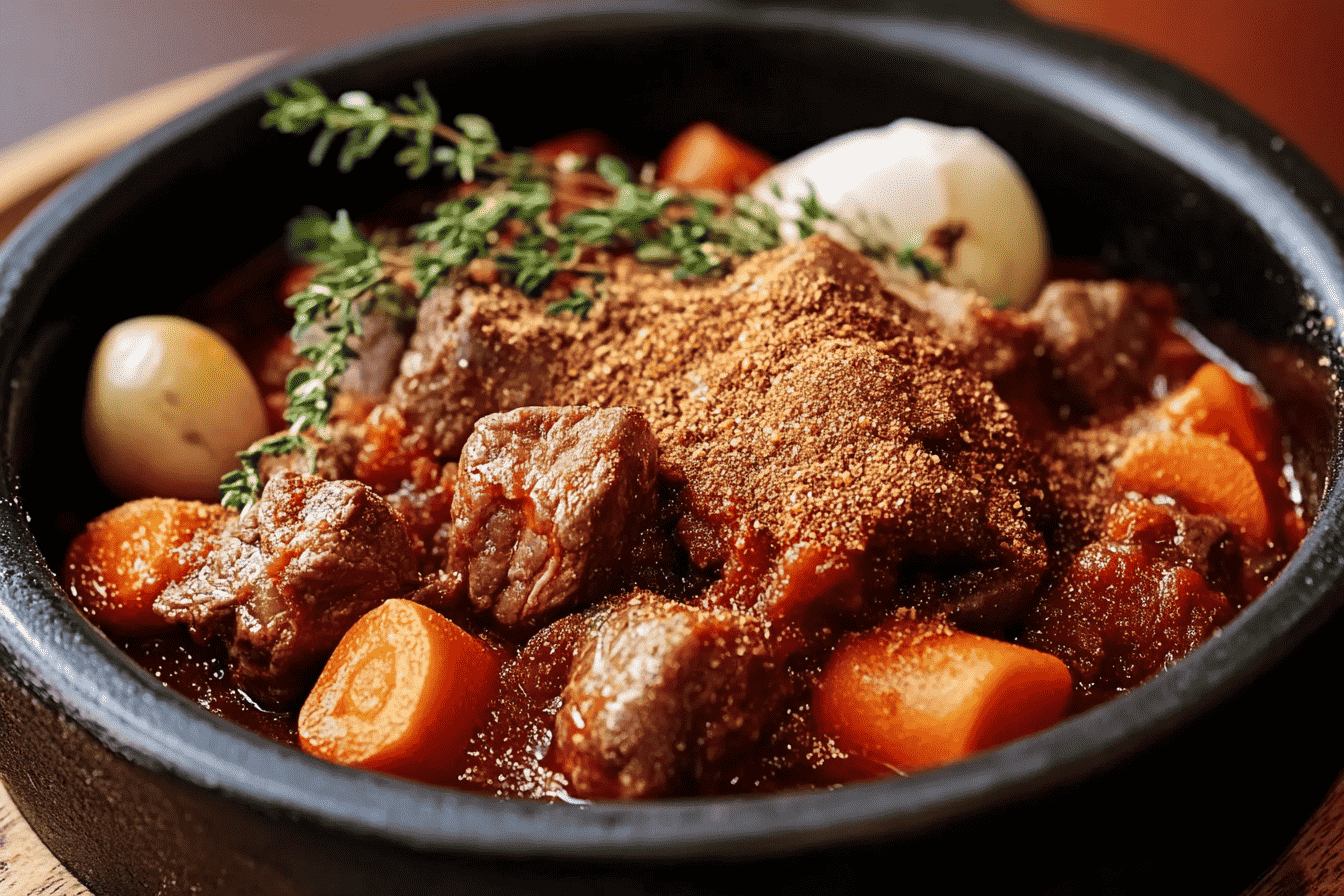 Steaming pot of beef stew with chunks of beef, carrots, potatoes, and herbs like rosemary and bay leaves. Rustic kitchen setting.