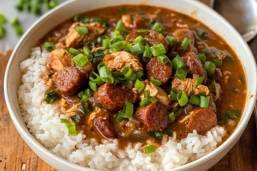 Chicken and sausage gumbo served over rice, garnished with green onions.