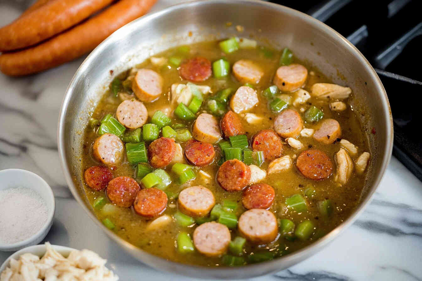 Chicken and sausage gumbo cooking in a pot with sliced andouille sausage, celery, and chicken.