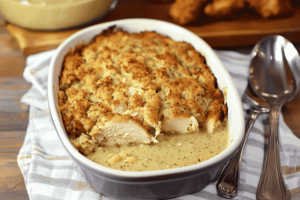 Freshly baked chicken and dressing in a cast iron dish, garnished with herbs and butter, placed on a rustic wooden countertop in a cozy Southern kitchen.