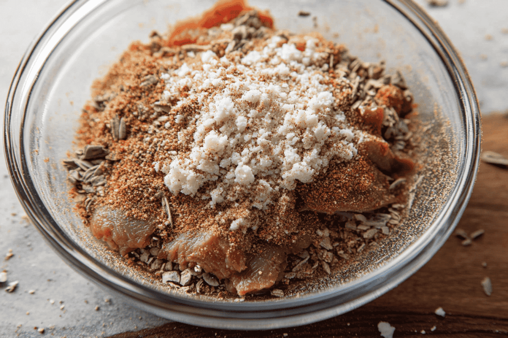 Glass bowl filled with homemade beef stew seasoning, including salt, paprika, dried rosemary, and other spices. A wooden surface in the background.