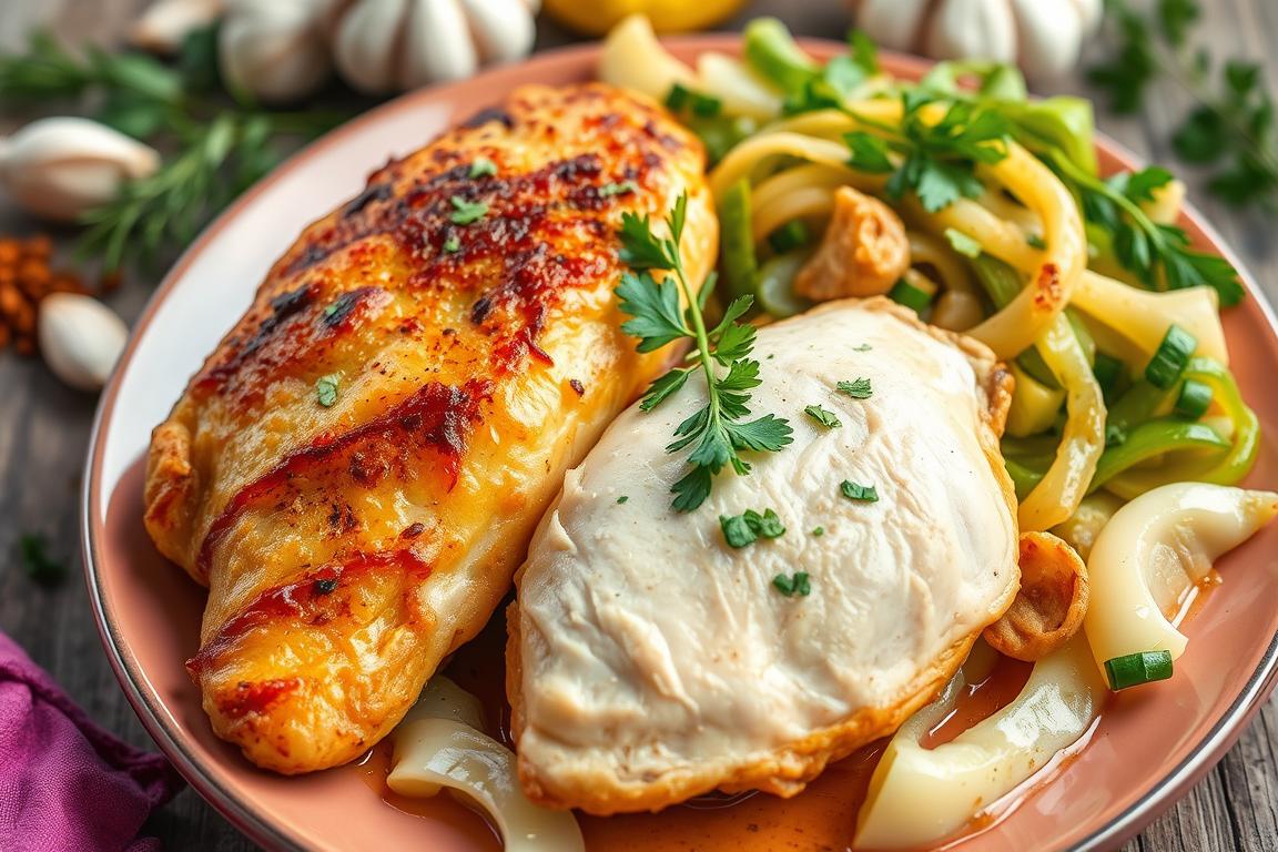 Grilled and steamed chicken breasts served with sautéed cabbage and peppers – a healthy chicken cabbage recipe.