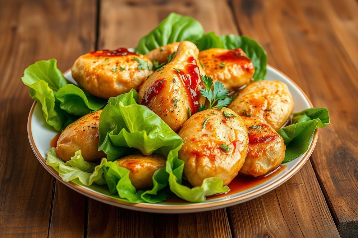 Cooked chicken breasts glazed with sauce, served on lettuce leaves and garnished with herbs – part of a chicken cabbage recipe.