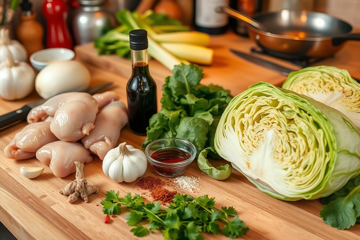 Fresh raw chicken, cabbage, garlic, and seasonings on a kitchen counter, prepared for a chicken cabbage recipe.