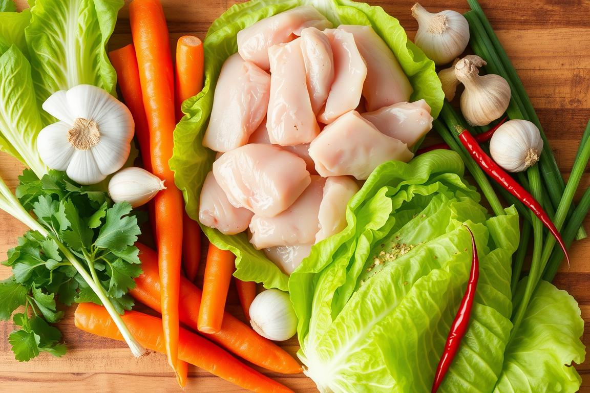 Fresh raw chicken breasts, cabbage, carrots, garlic, and herbs prepared for a chicken cabbage recipe.