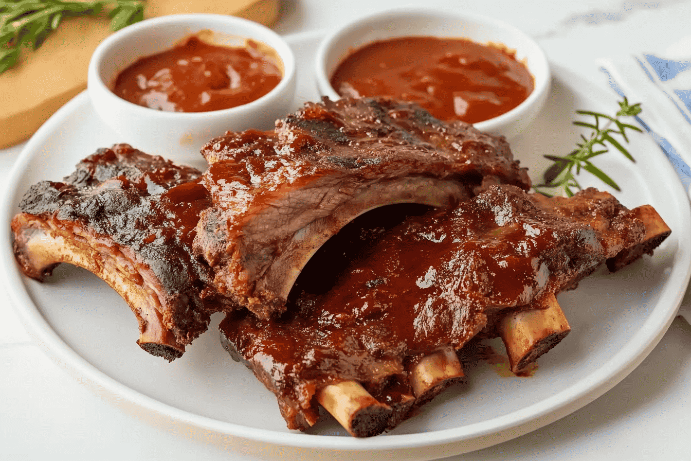 Juicy beef back ribs plated with BBQ sauce and garnished with fresh herbs, served with extra dipping sauce.