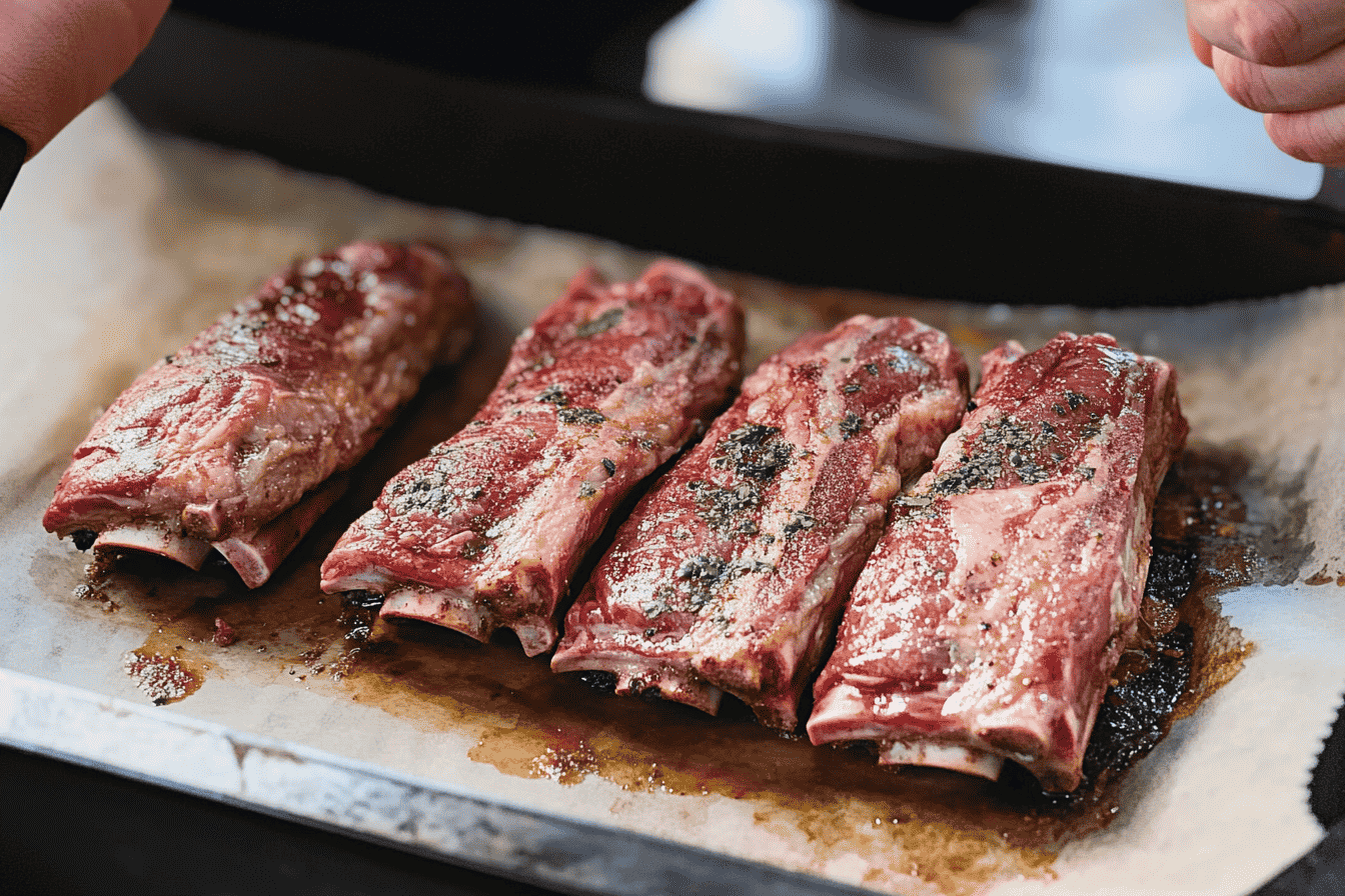 Seasoned raw beef back ribs on a tray, ready for oven roasting or grilling.