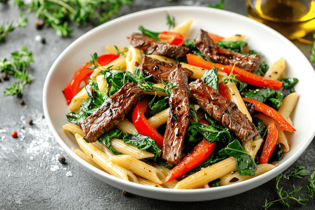 steak pasta with penne sauted spinach