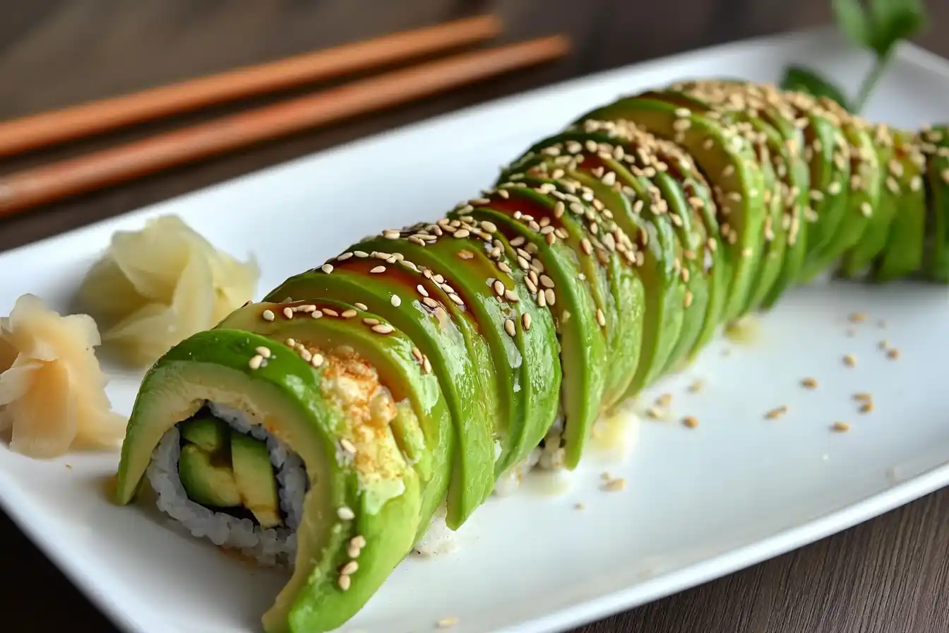 Dragon roll sushi served on a black slate platter with soy sauce, pickled ginger, wasabi, and sesame seeds.