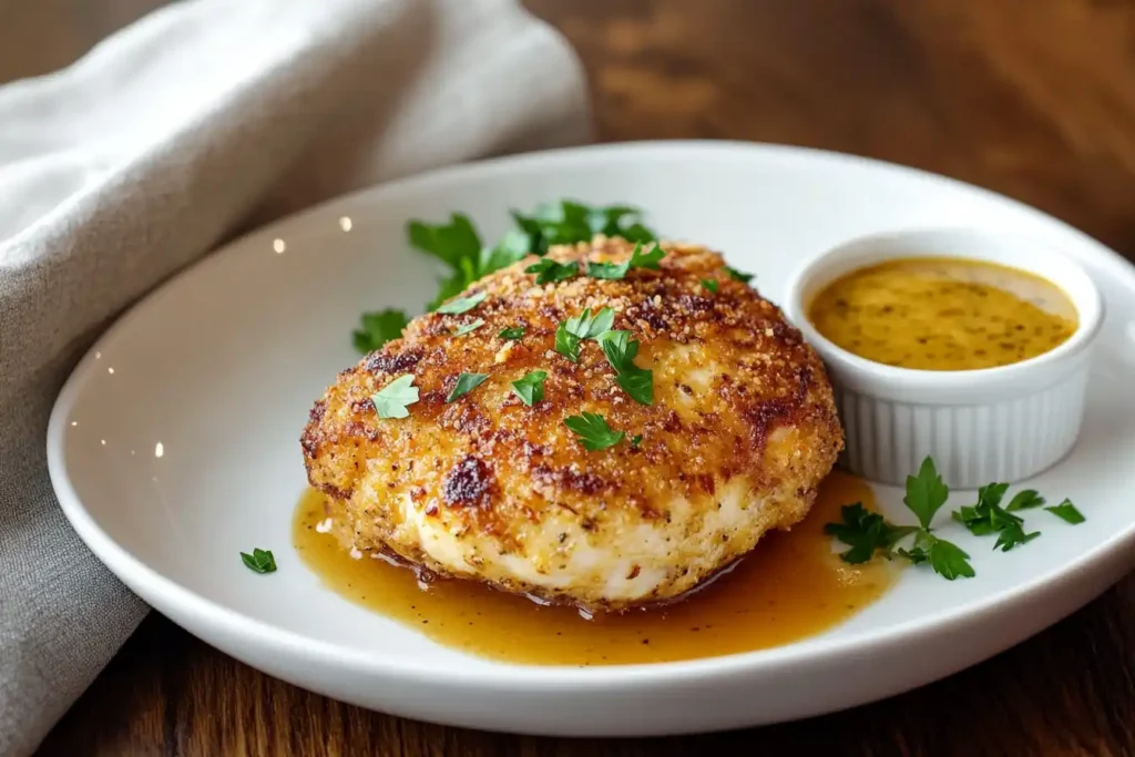 A crispy baked chicken cutlet on a white plate with parsley garnish and honey mustard sauce.