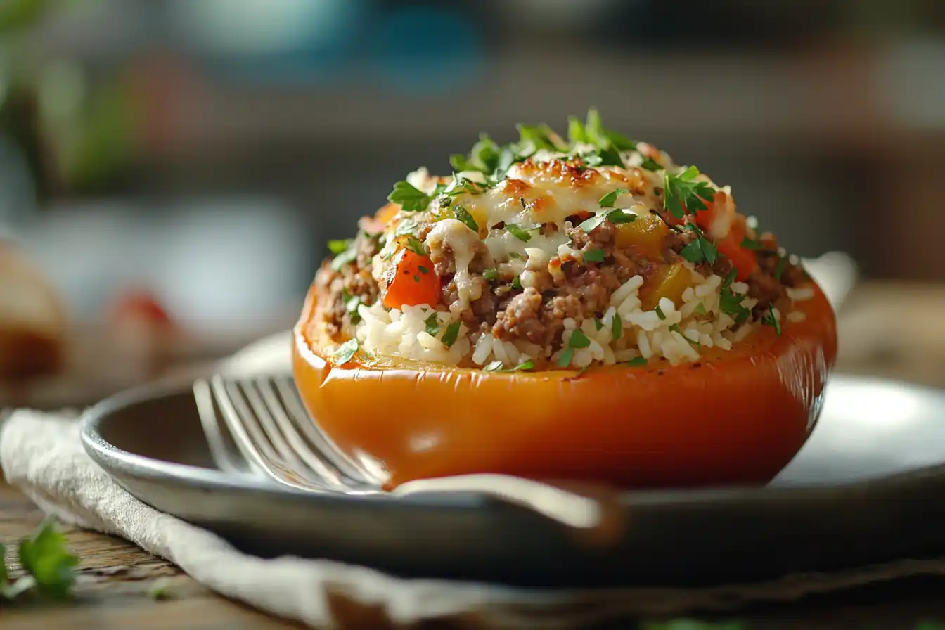 A Costco stuffed pepper plated on a rustic table with garnish and a fork.