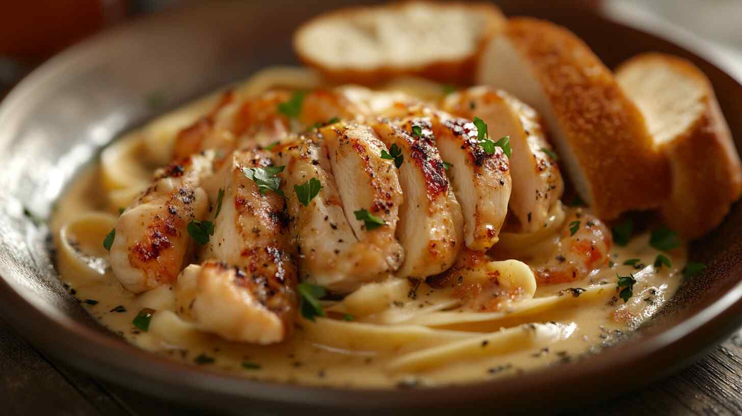 Creamy Cajun pasta with grilled chicken, shrimp, and bread on a rustic plate