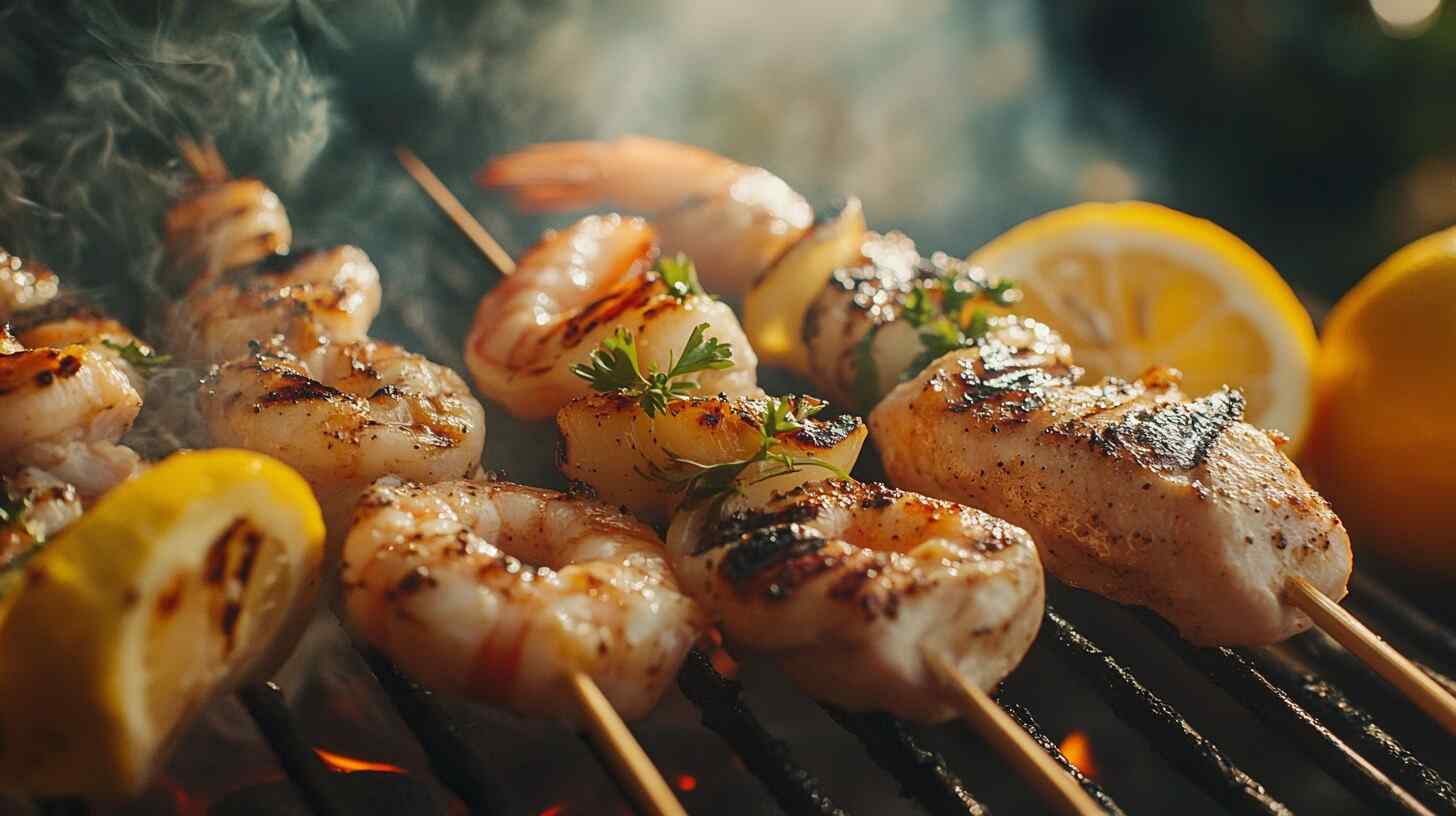 Grilled chicken and shrimp skewers on a barbecue with lemon slices and herbs