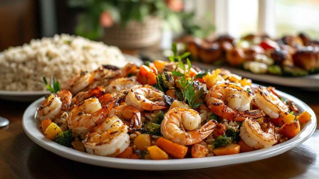 Grilled shrimp and vegetables with rice on a white plate