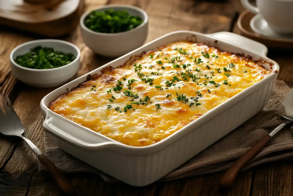 A freshly baked breakfast casserole in a ceramic dish with a golden-brown top, garnished with herbs, on a rustic wooden table.