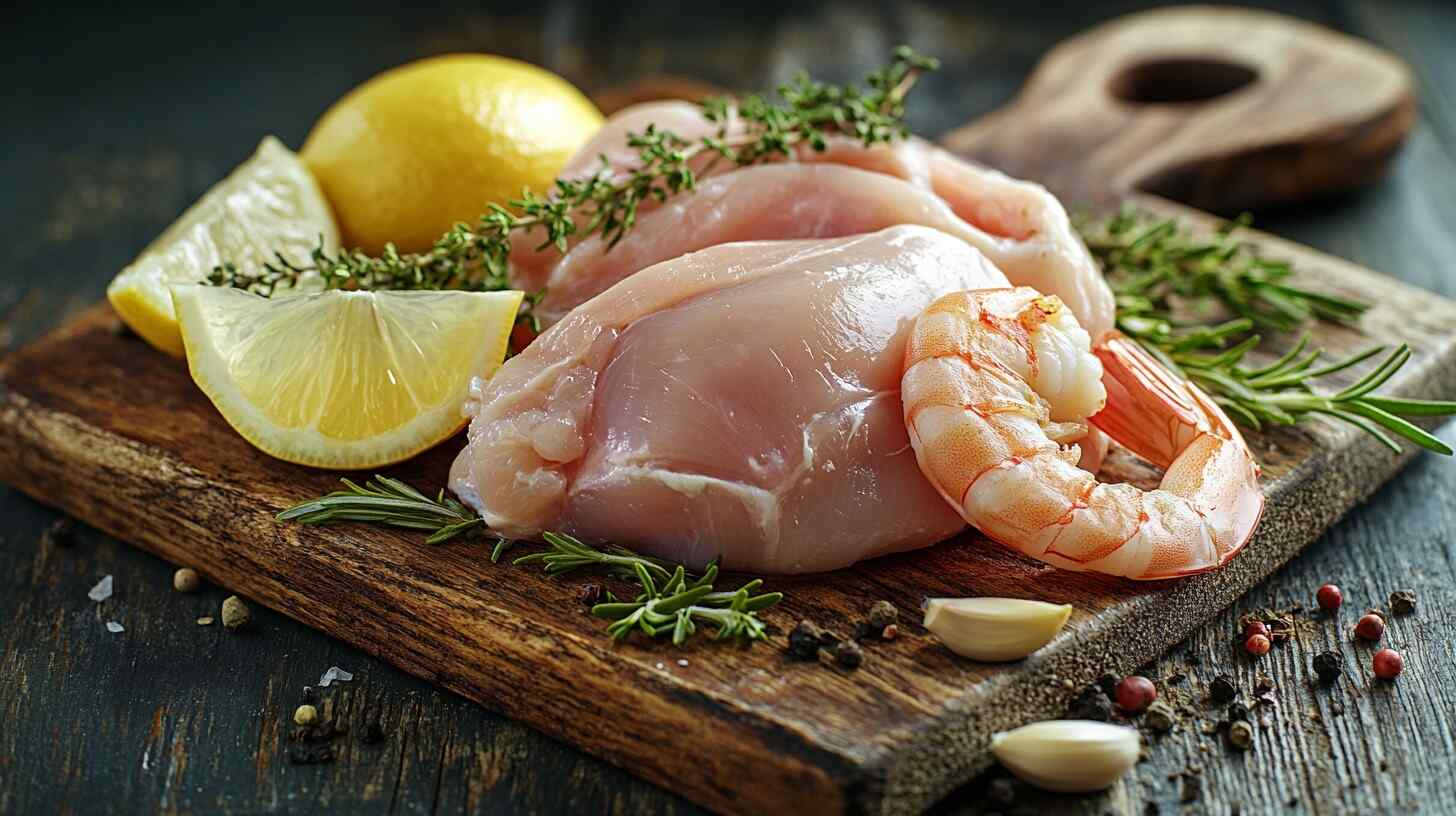 Raw chicken breast and shrimp on a cutting board with herbs, lemon, and garlic