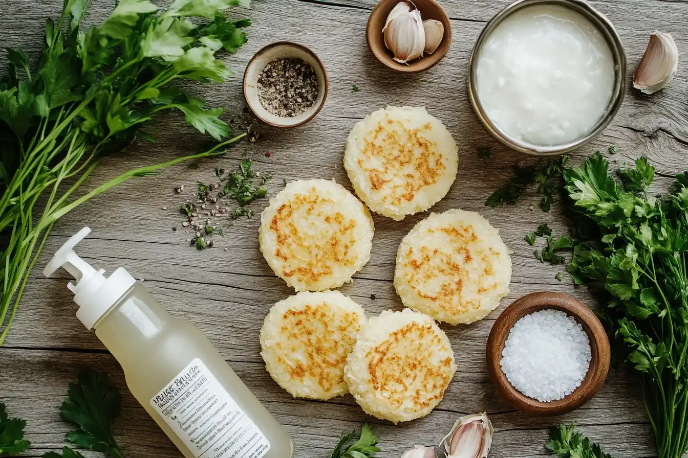 Frozen hash brown patties and spices on a wooden surface, prepared for cooking