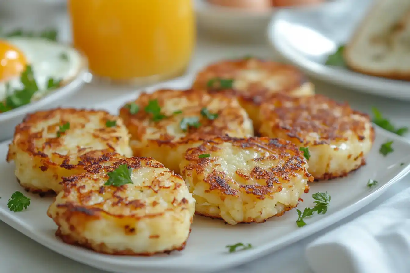 Plate of golden-brown hash brown patties with parsley garnish on a breakfast table.