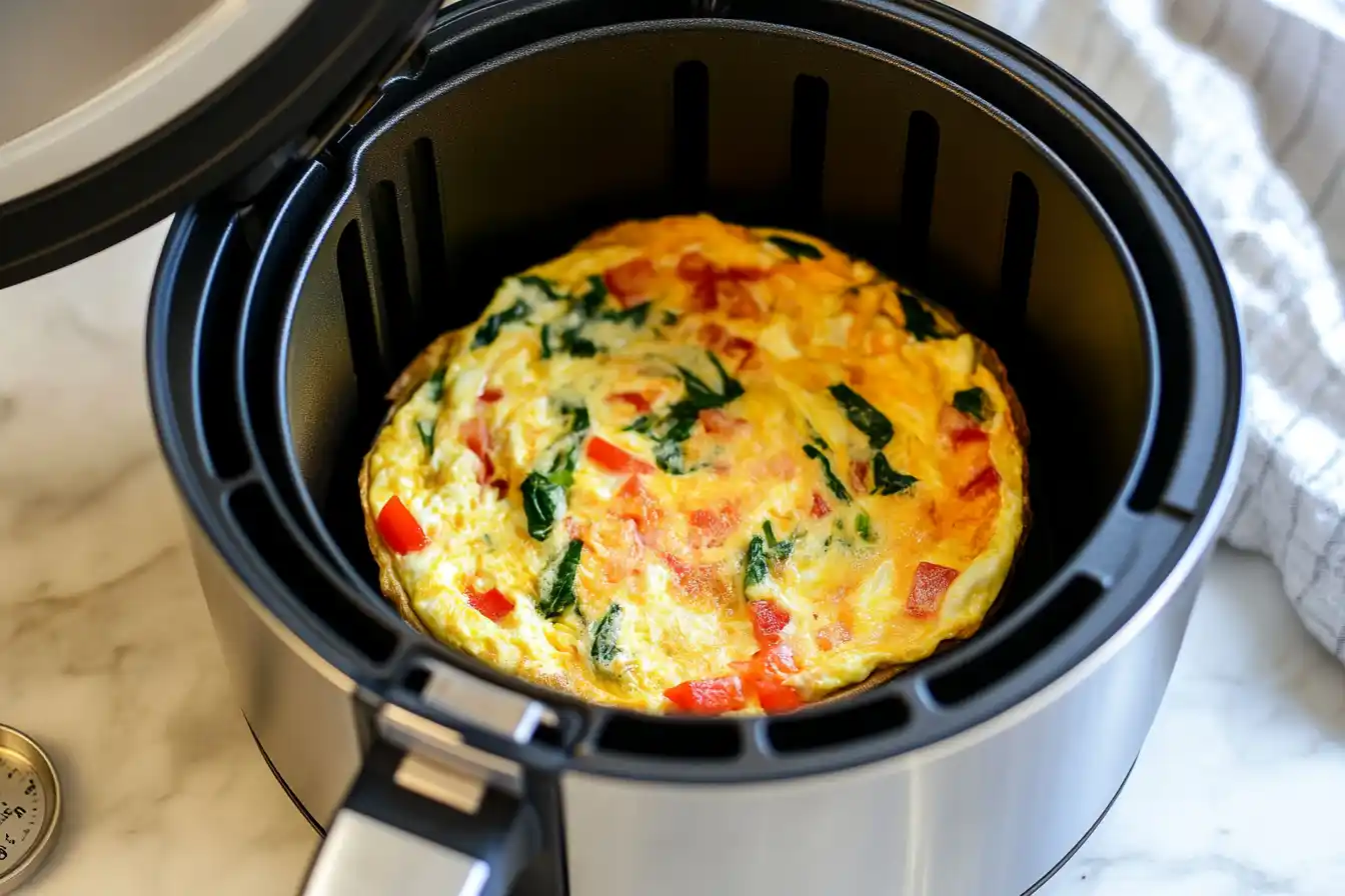 An air fryer with a pan of uncooked omelet mixture, including eggs, spinach, and bell peppers.