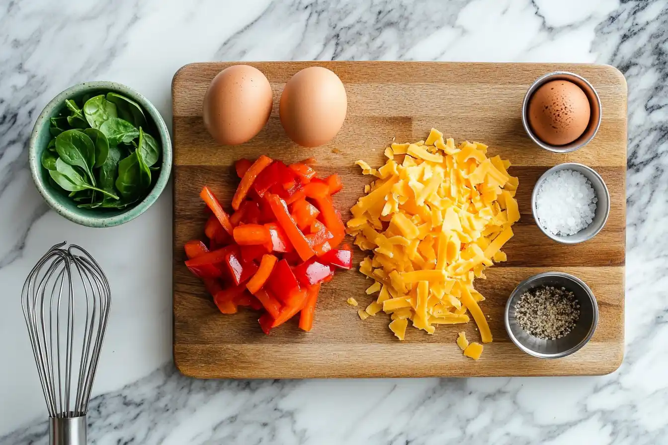 Ingredients for an air fryer omelet, including eggs, bell peppers, onions, spinach, and cheddar cheese.