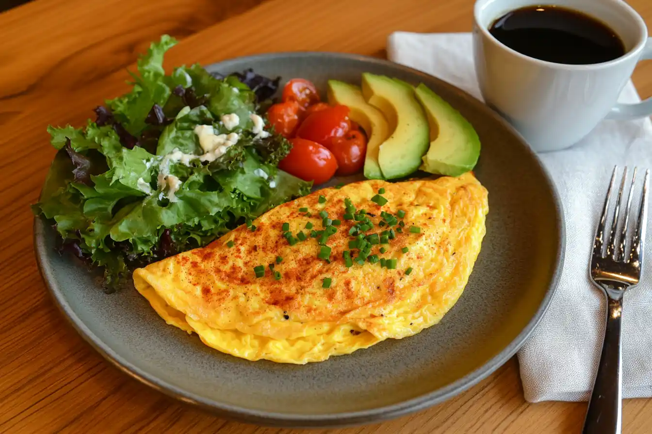 A golden air fryer omelet with chives, a mixed greens salad, and coffee on a wooden table.