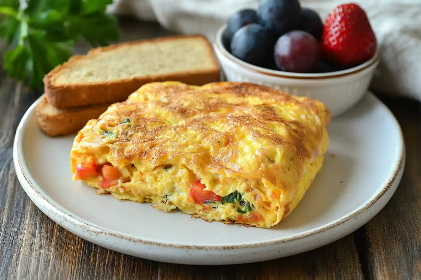 A golden air fryer omelet on a plate with toast and fruit, garnished with parsley.