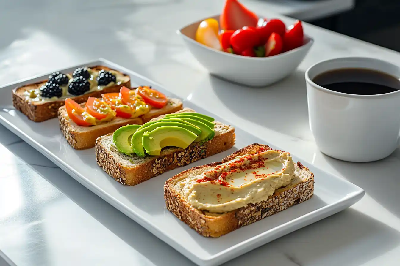 Slices of air fryer toast with avocado, jam, and hummus, served on a white plate with a coffee mug nearby.