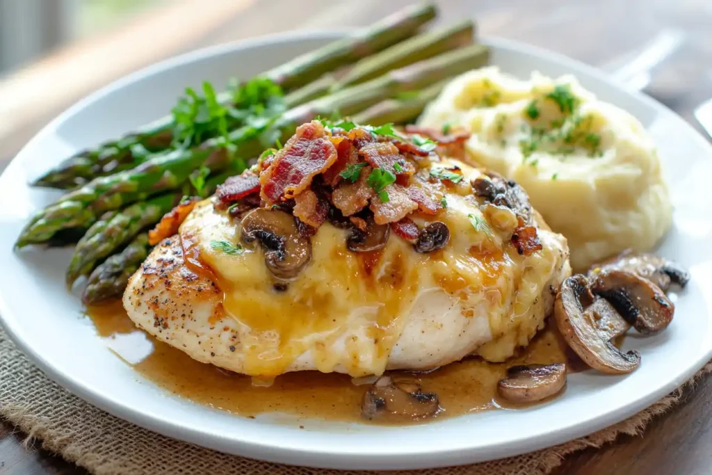 Grilled chicken topped with melted cheese, bacon bits, and mushrooms, served with mashed potatoes and asparagus on a rustic table.