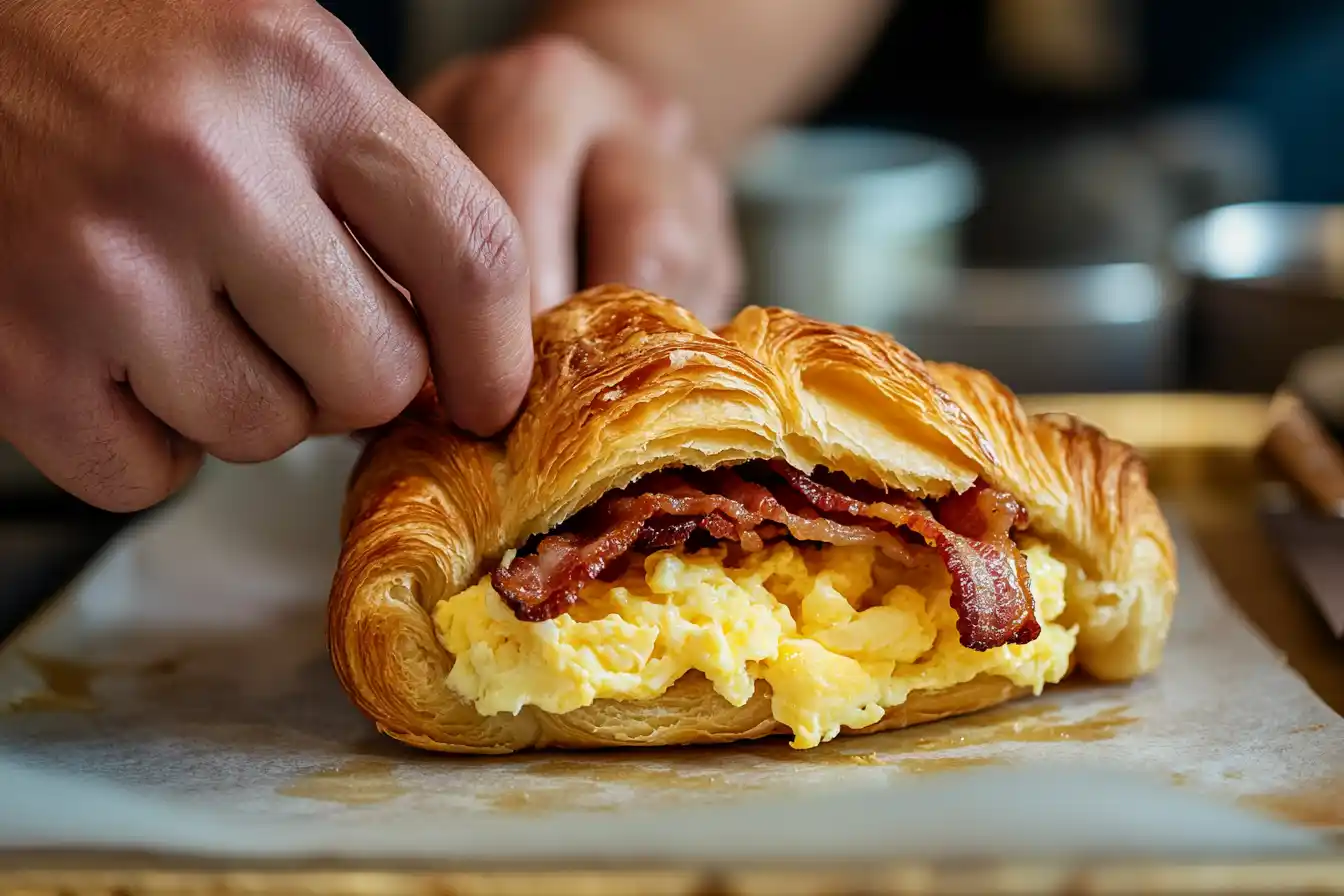 Close-up of hands assembling a bacon egg and cheese croissant with layers of bacon, scrambled eggs, and melted cheese.