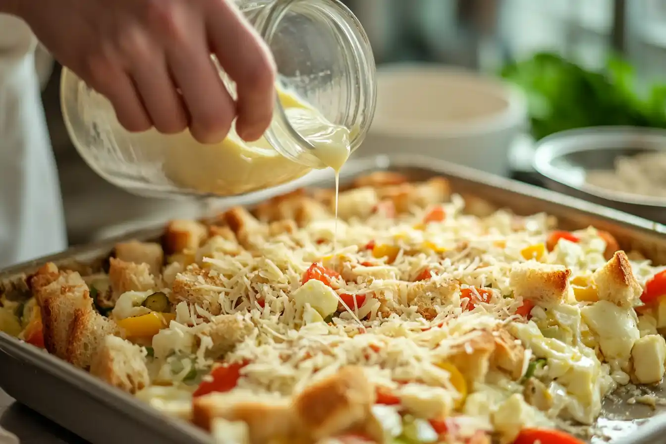 Close-up of a baking dish with bread cubes, vegetables, and cheese, as egg mixture is poured over the top by a person.