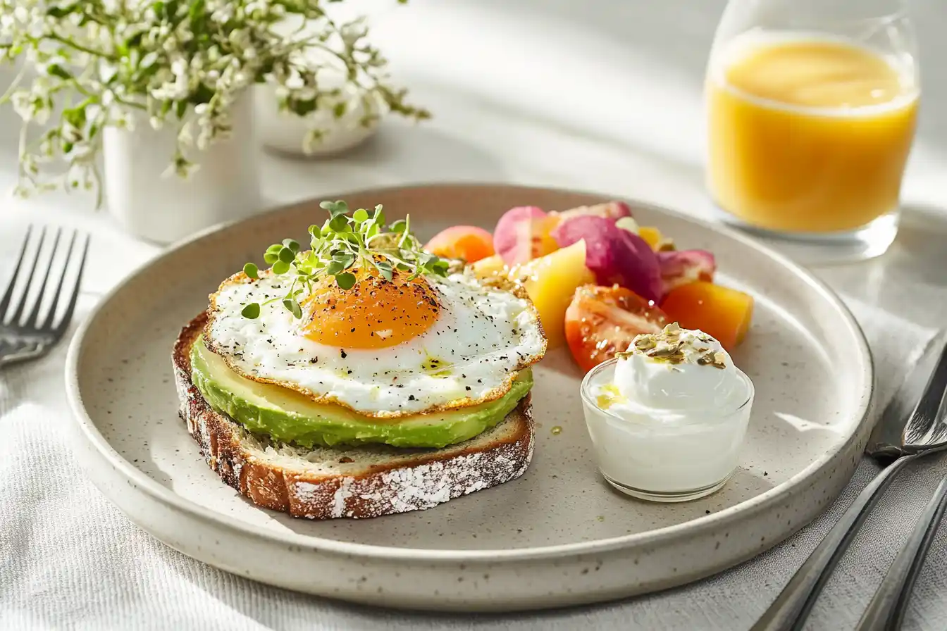 Avocado toast with egg served alongside fruit salad and yogurt.