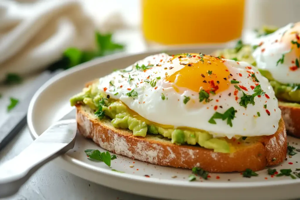 Avocado toast with a poached egg, garnished with herbs and served on a white plate