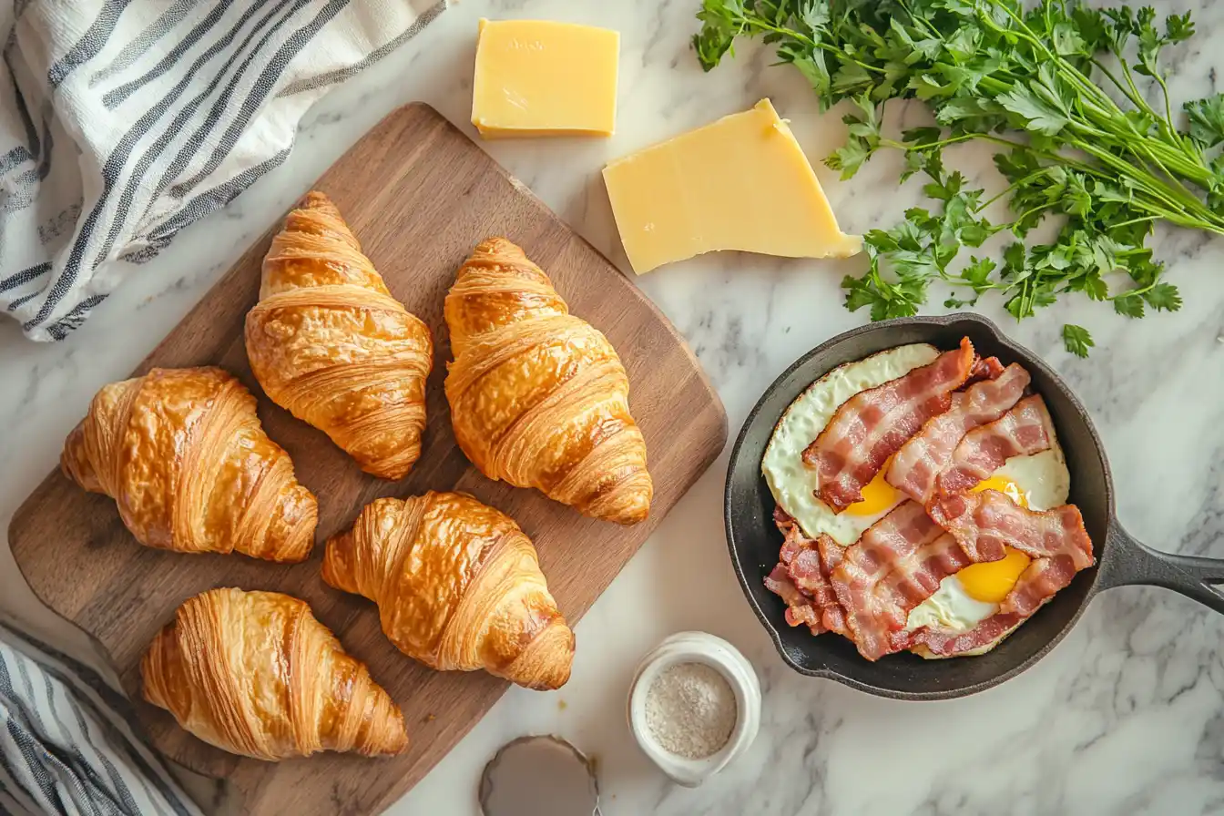 Ingredients for a bacon egg and cheese croissant including croissants, crispy bacon, eggs, and cheese, arranged on a marble countertop.