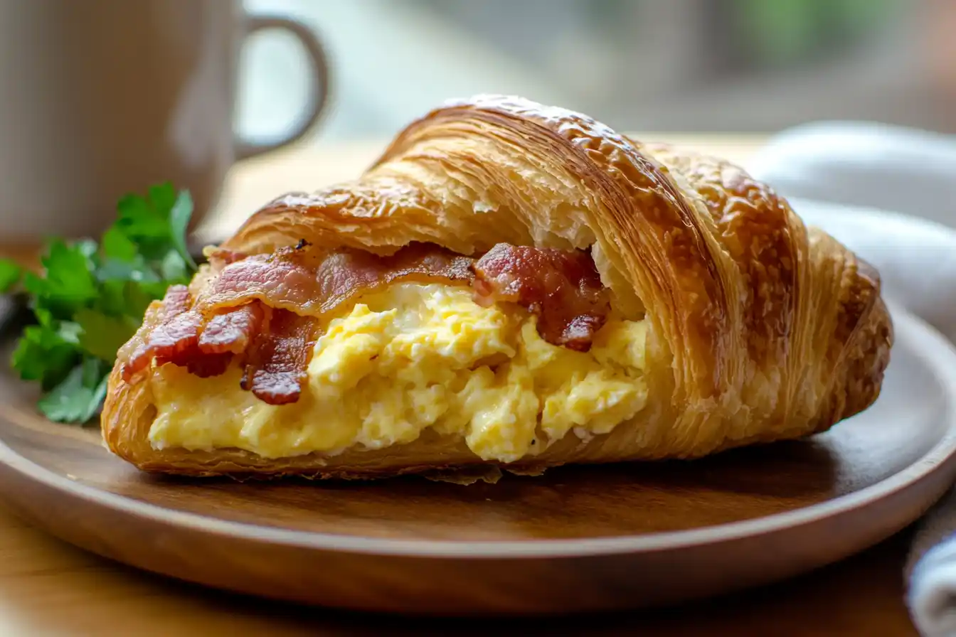 Golden bacon egg and cheese croissant with parsley garnish on a wooden plate, placed on a rustic table in natural light.