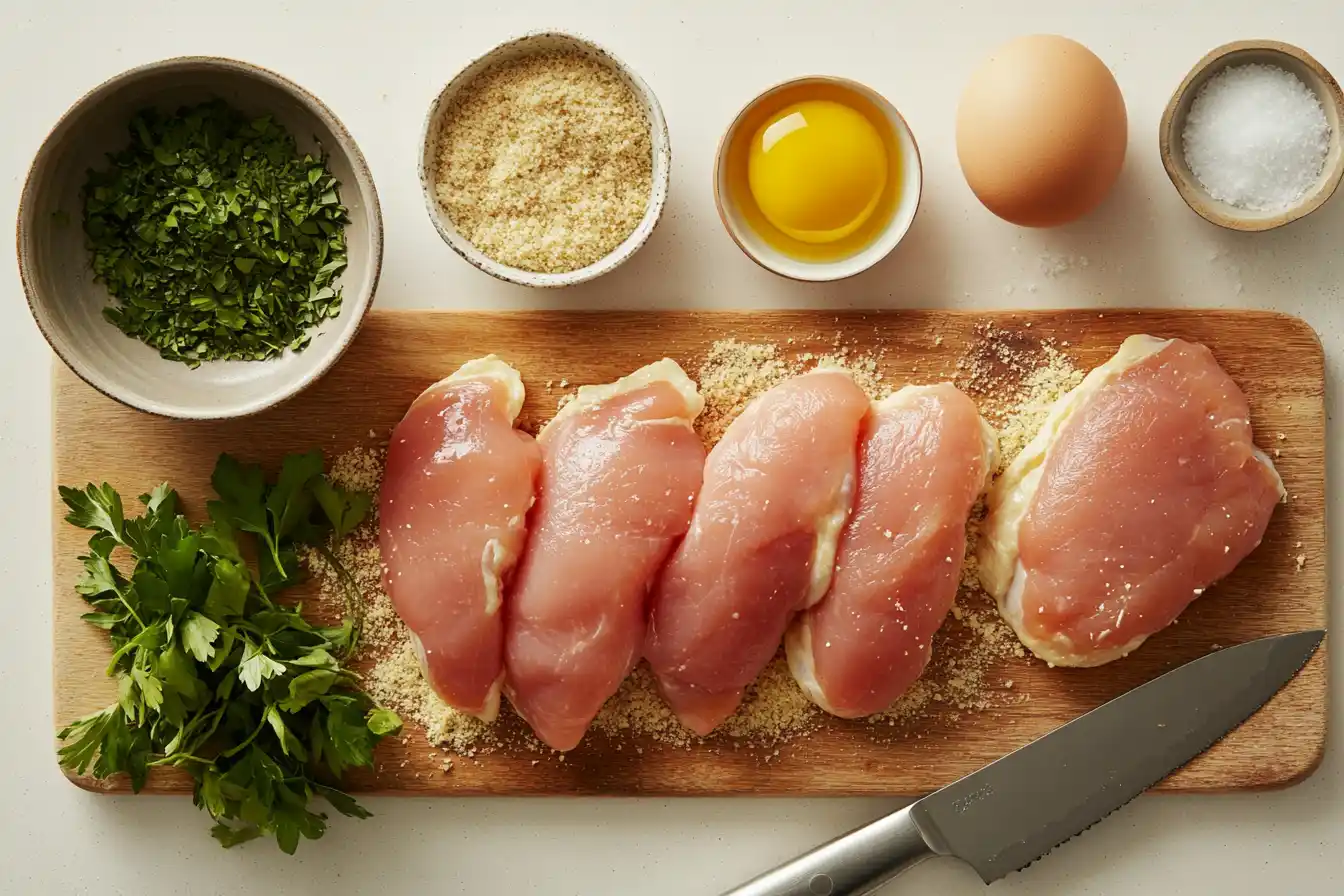 Ingredients for baked chicken cutlets on a wooden cutting board, including raw chicken, breadcrumbs, Parmesan, and seasonings.