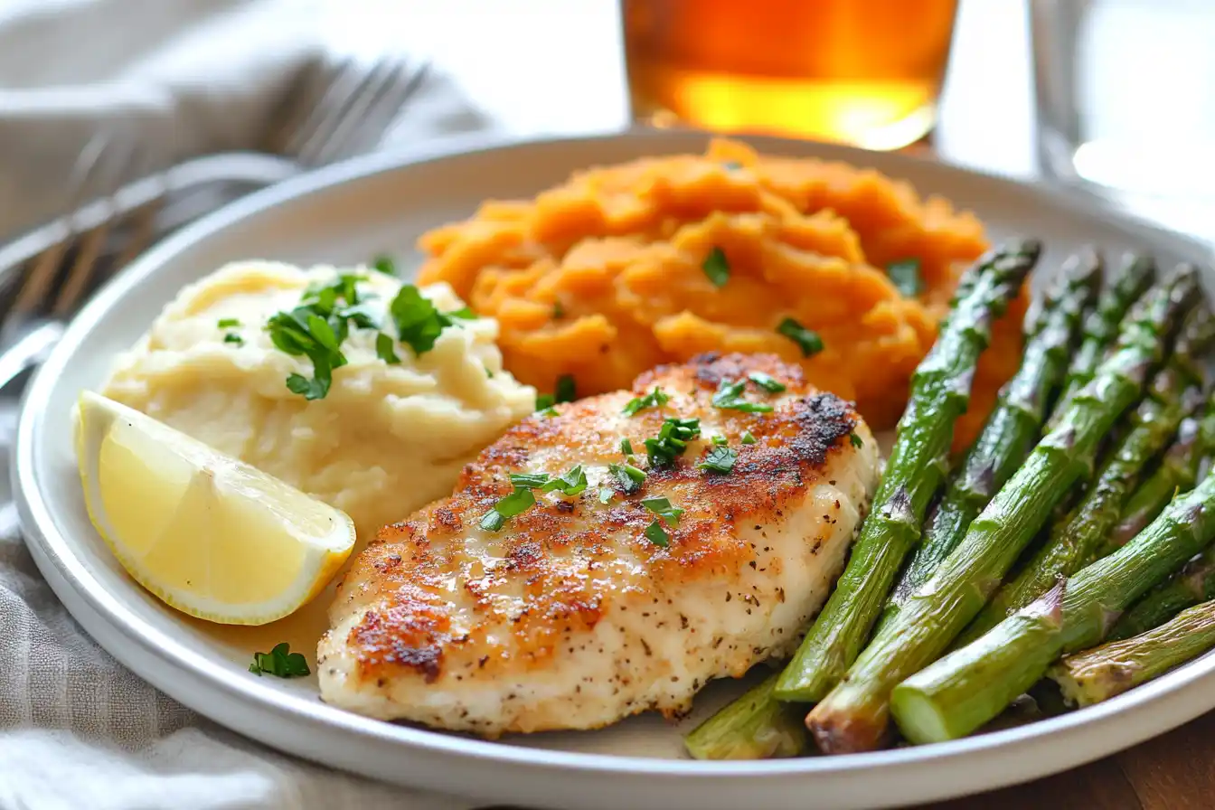 A meal of baked chicken cutlets, roasted asparagus, and mashed sweet potatoes on a white plate, garnished with parsley.