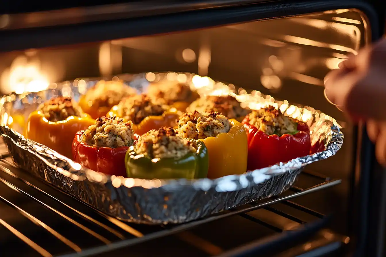 A baking dish filled with Costco stuffed bell peppers being placed into a glowing oven, covered with foil.