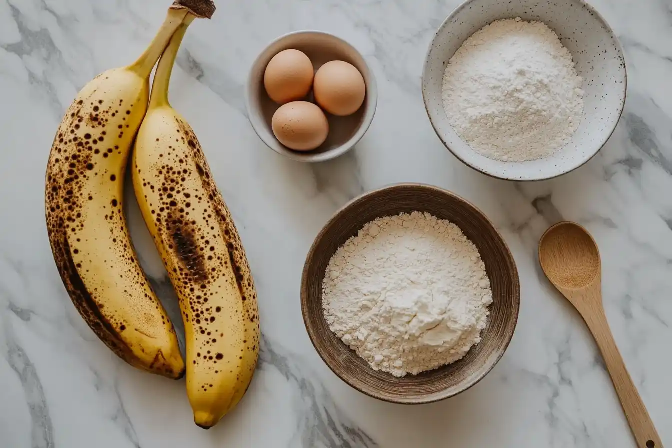 Four banana bread ingredients: ripe bananas, self-rising flour, sugar, and eggs on a marble countertop.