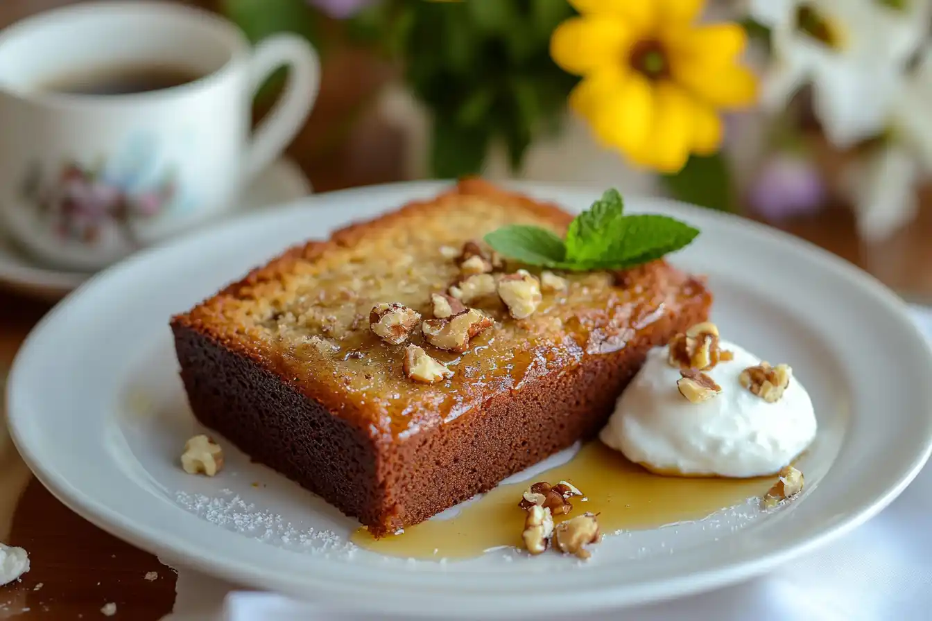 A slice of banana bread with honey, Greek yogurt, and walnuts on a white plate.