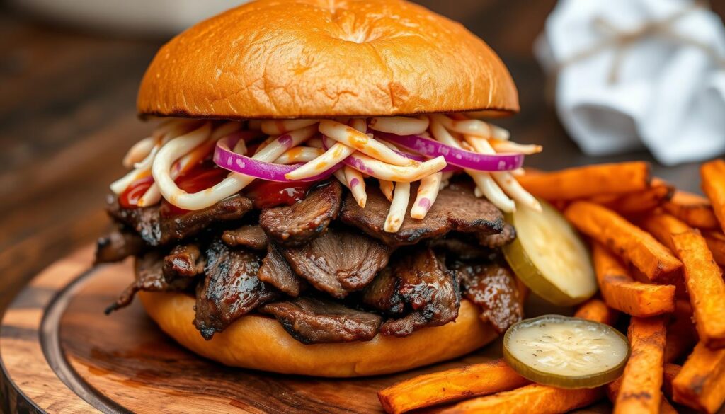 A beef brisket sandwich with coleslaw and BBQ sauce on a wooden board, accompanied by pickles and dipping sauce.