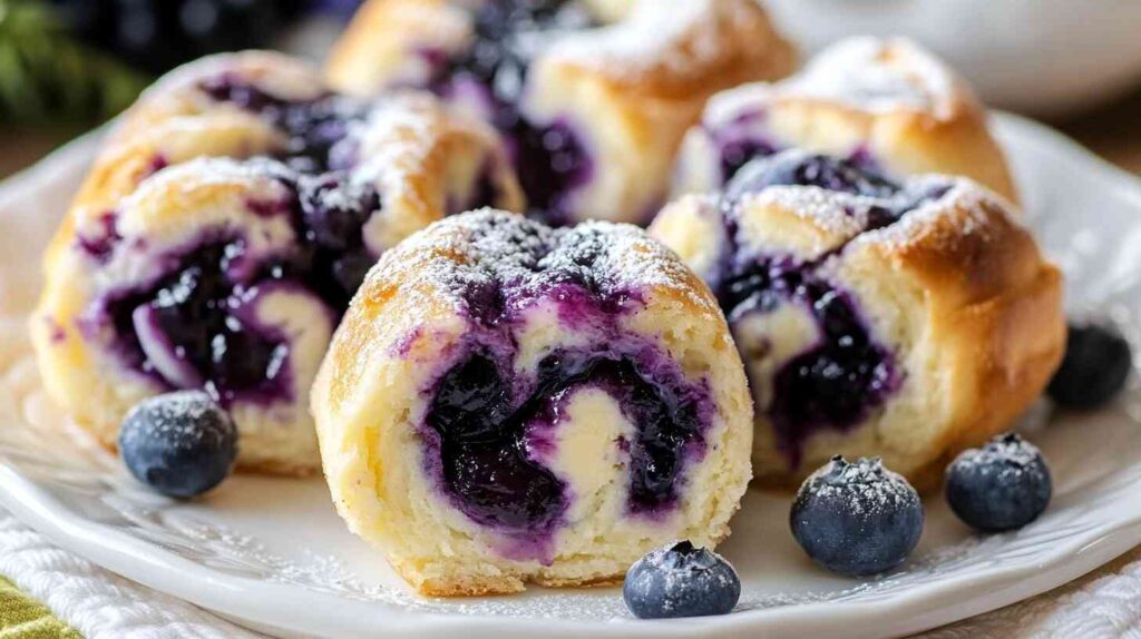 Golden blueberry cheesecake rolls with glaze and powdered sugar on a wooden plate