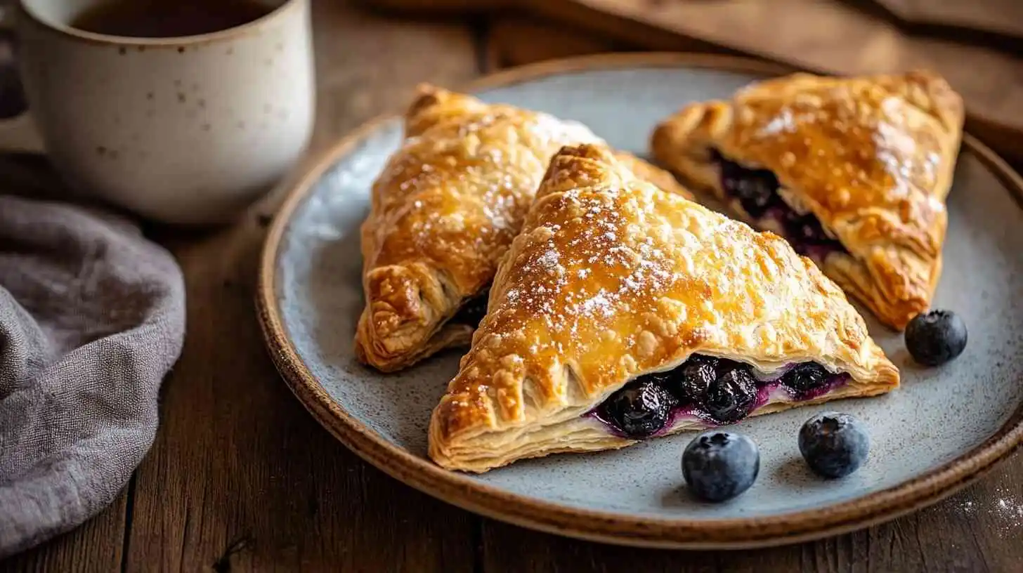 Golden blueberry turnovers on a ceramic plate with visible blueberries