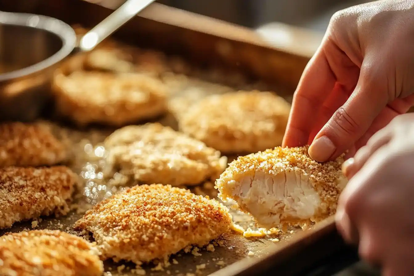 Close-up of hands breading chicken cutlets with egg and breadcrumb mixture.