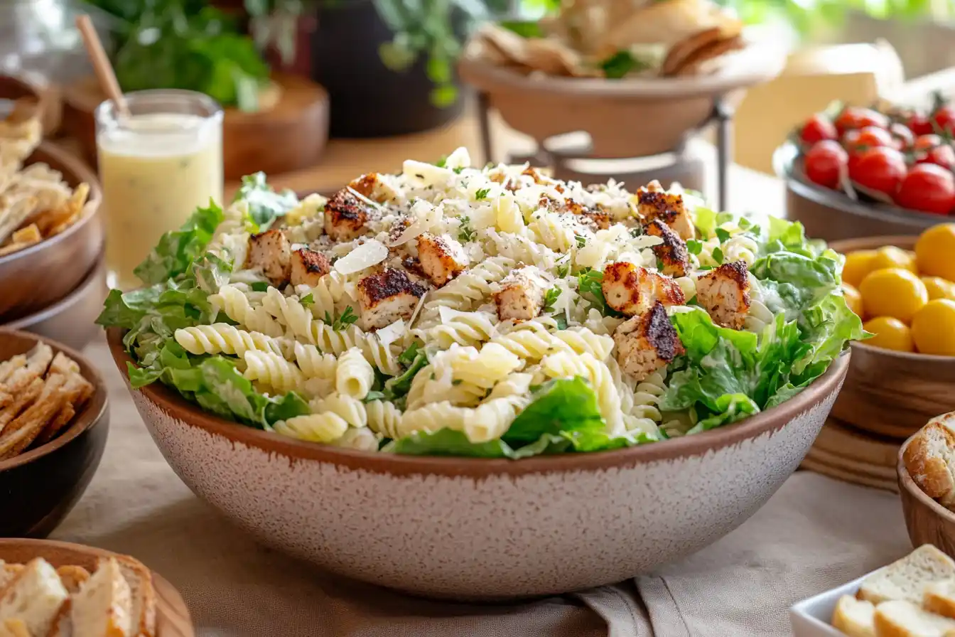 Caesar pasta salad in a large bowl with croutons, Parmesan, and lettuce, served on a casual dining table with sides of chicken and dressing.