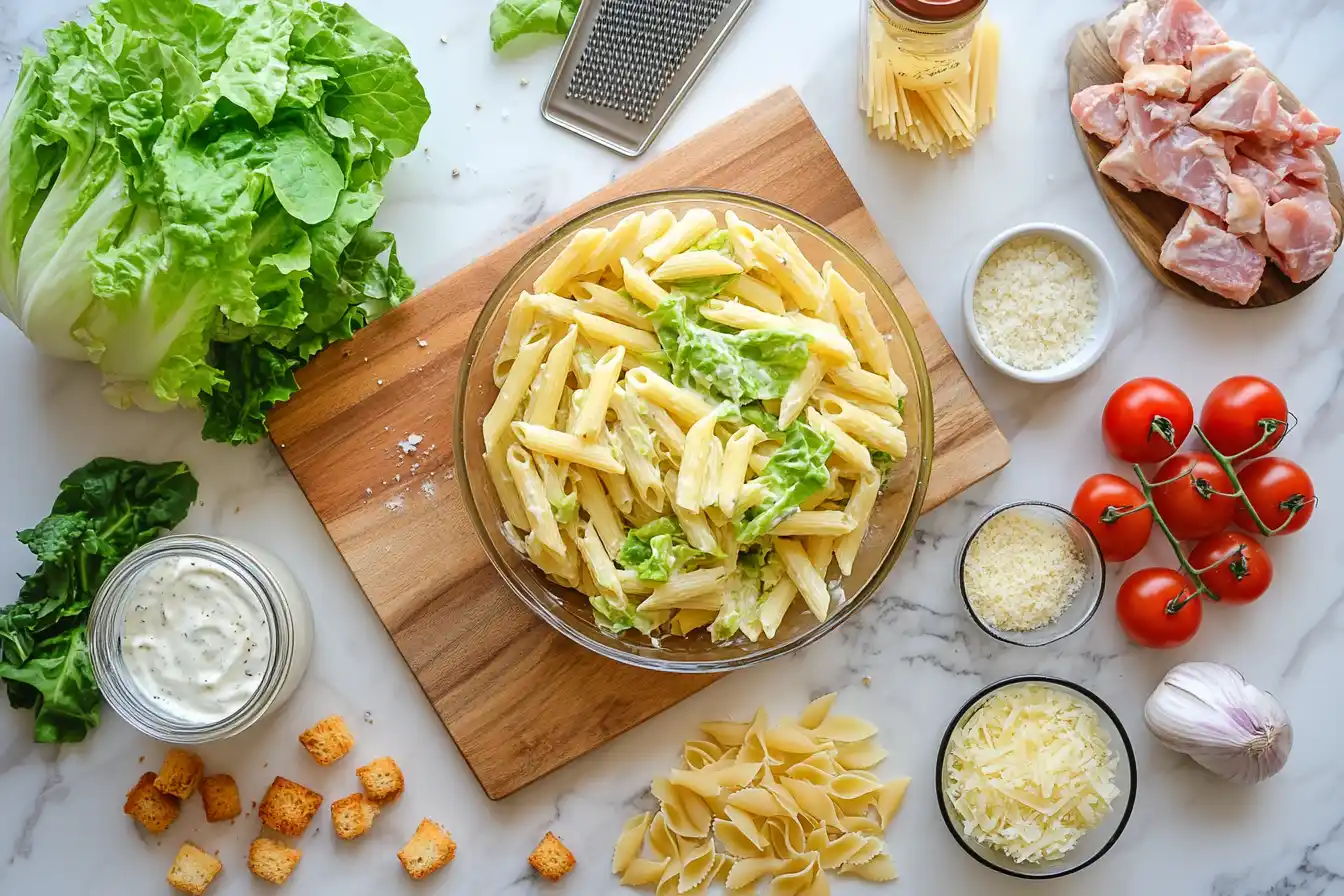 Caesar Pasta Salad Ingredients Flat Lay