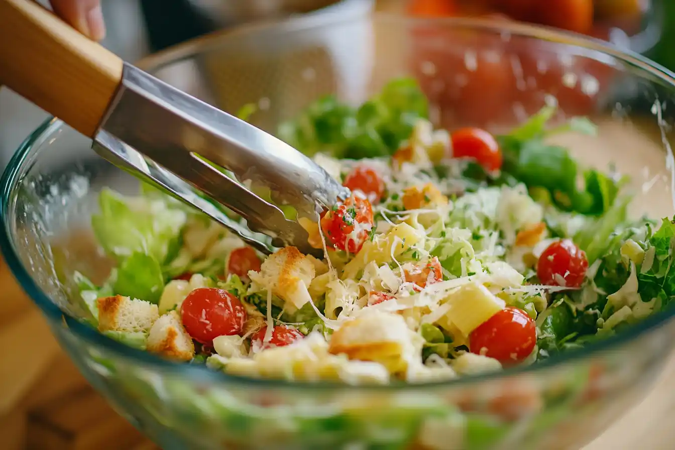 Caesar pasta salad being tossed in a glass bowl with wooden tongs, showing pasta, lettuce, dressing, and Parmesan.