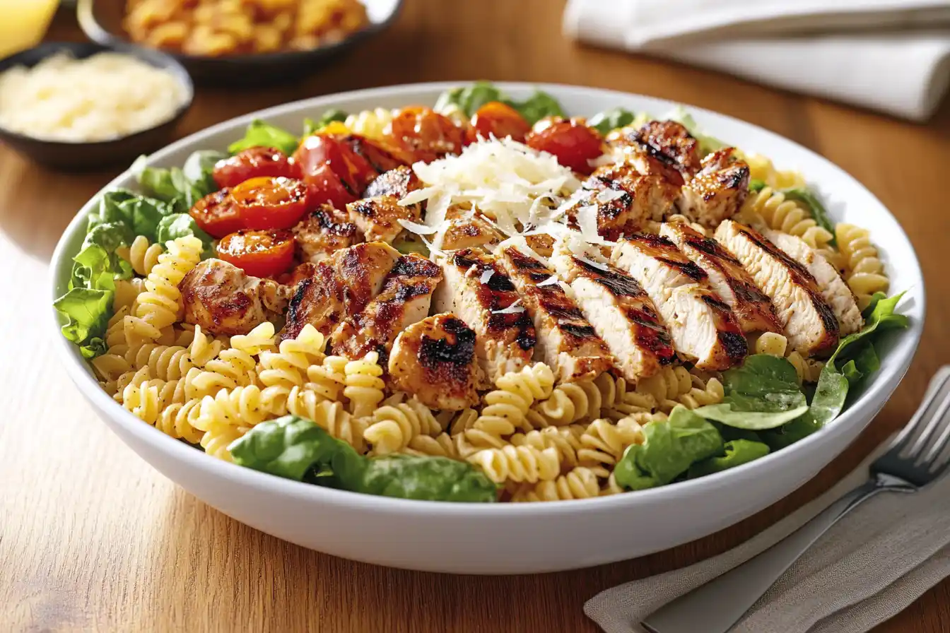 A Caesar pasta salad in a white bowl with lettuce, pasta, croutons, Parmesan, cherry tomatoes, and grilled chicken on a wooden table.