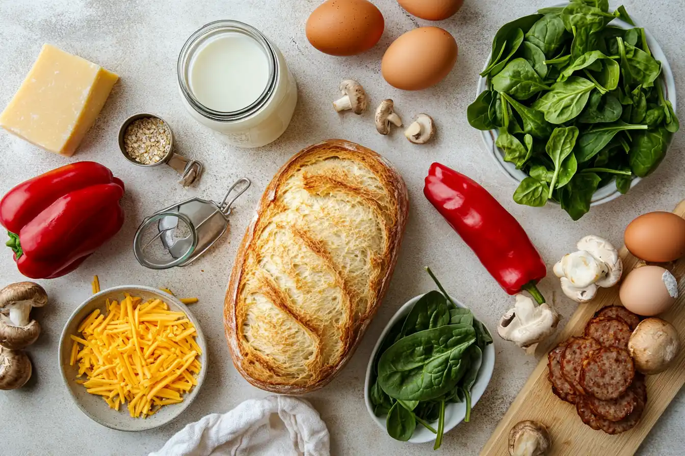 A top-down view of sourdough bread, eggs, milk, cheese, cooked sausage, and fresh vegetables like spinach and mushrooms, with kitchen tools.